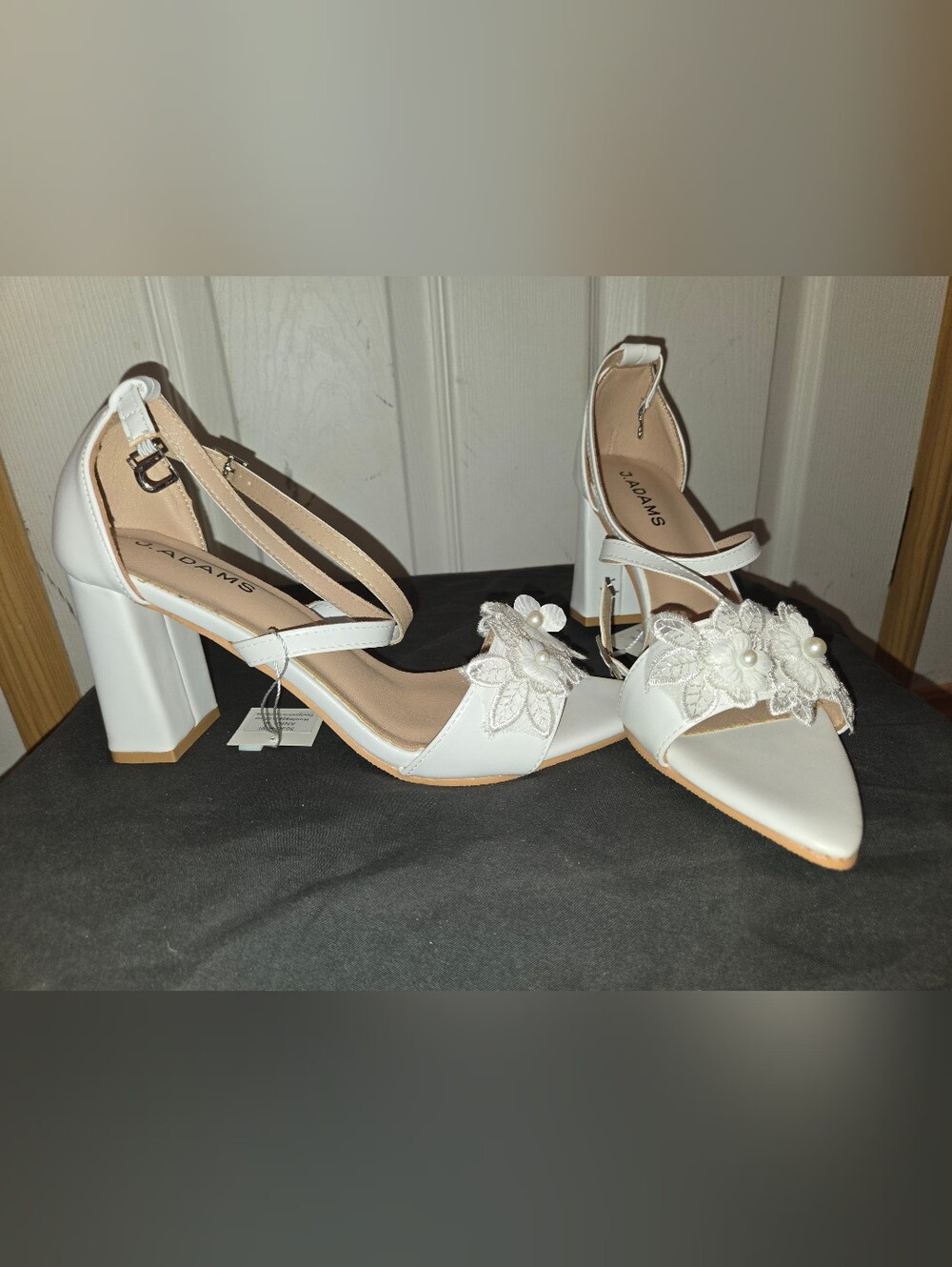 J Adams White Floral Pearl Embellished Block Heels